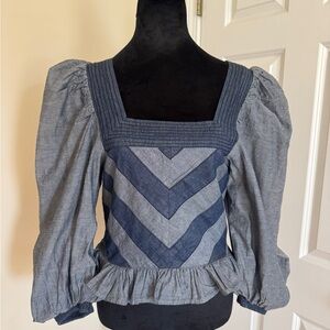 Love the Label Anthropologie  Blue Chevron Patchwork Square-Neck Peasant Top
